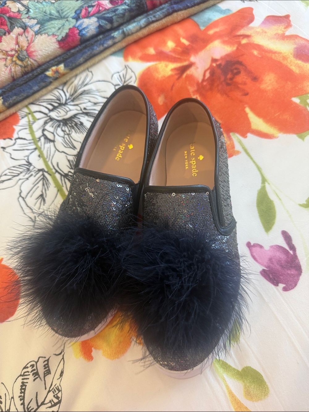 kate spade Black Sparkle Pom Slip-On Sneakers